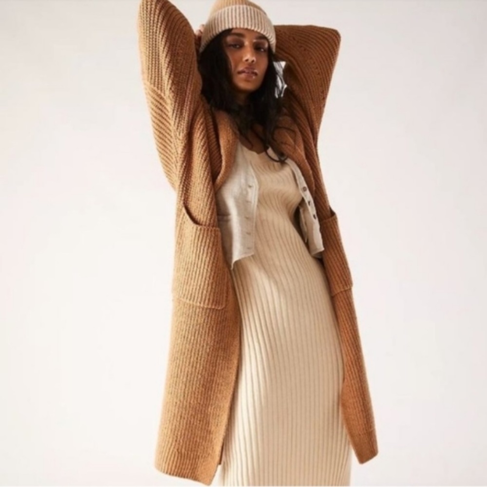 Free People Skylark Chunky Knit Maxi Cardigan Camel XS